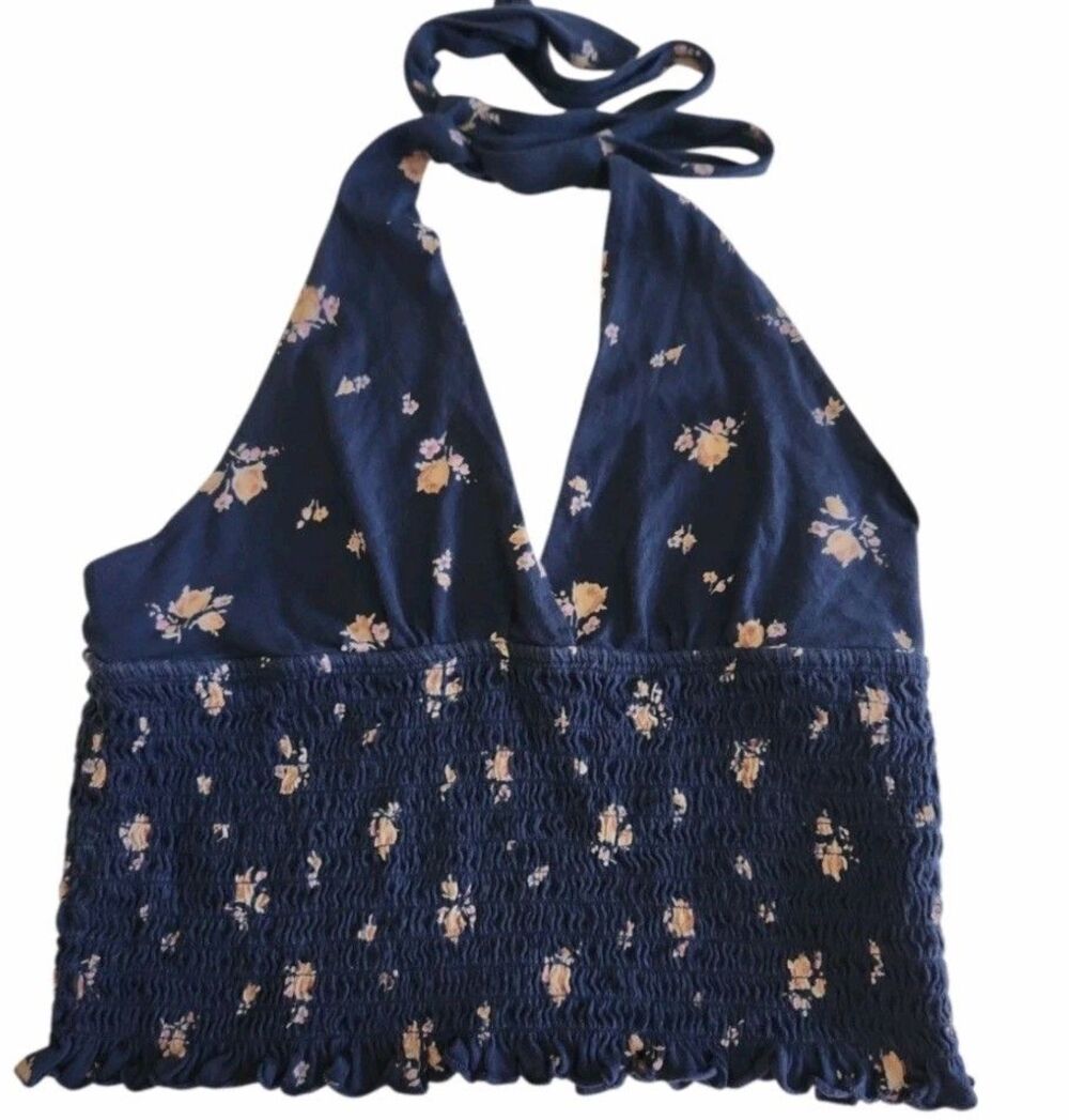 American Eagle Floral Stretchy Waist Cropped Tie Straps Halter Top SZ Large